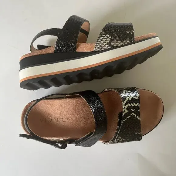 Vionic 'Brielle Ray' SZ 6.5 Snake Embossed Leather Comfort Sandal Black - Picture 3 of 7